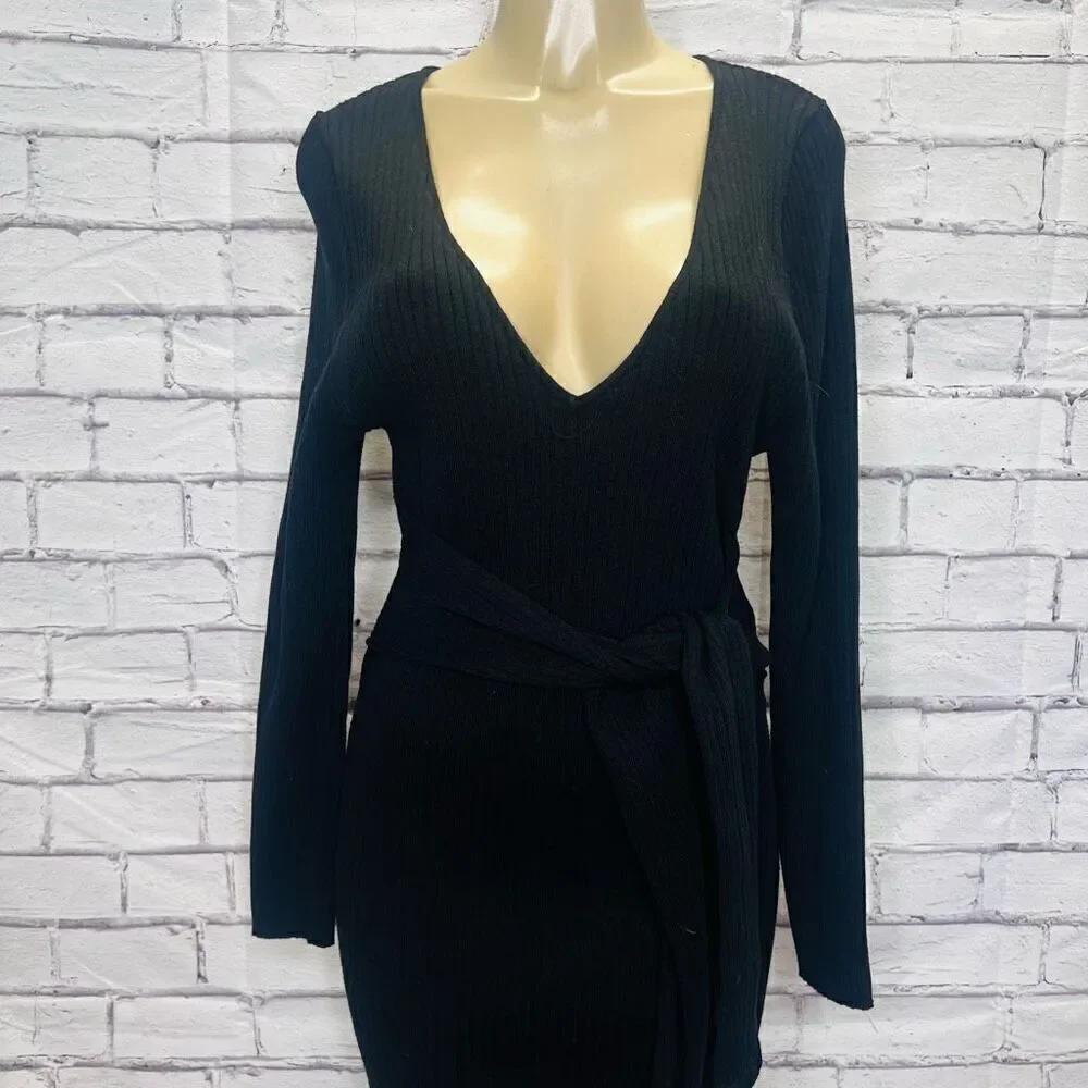 Good American Womens Black Ribbed Tie Waist Long Sleeve Sweater Dress Sz 4 NWOT